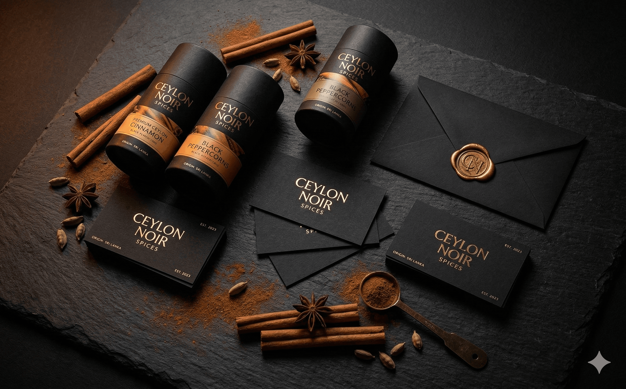 Ceylon Noir Spices brand collection — packaging, wax seals, cinnamon sticks, and spices arranged on dark slate