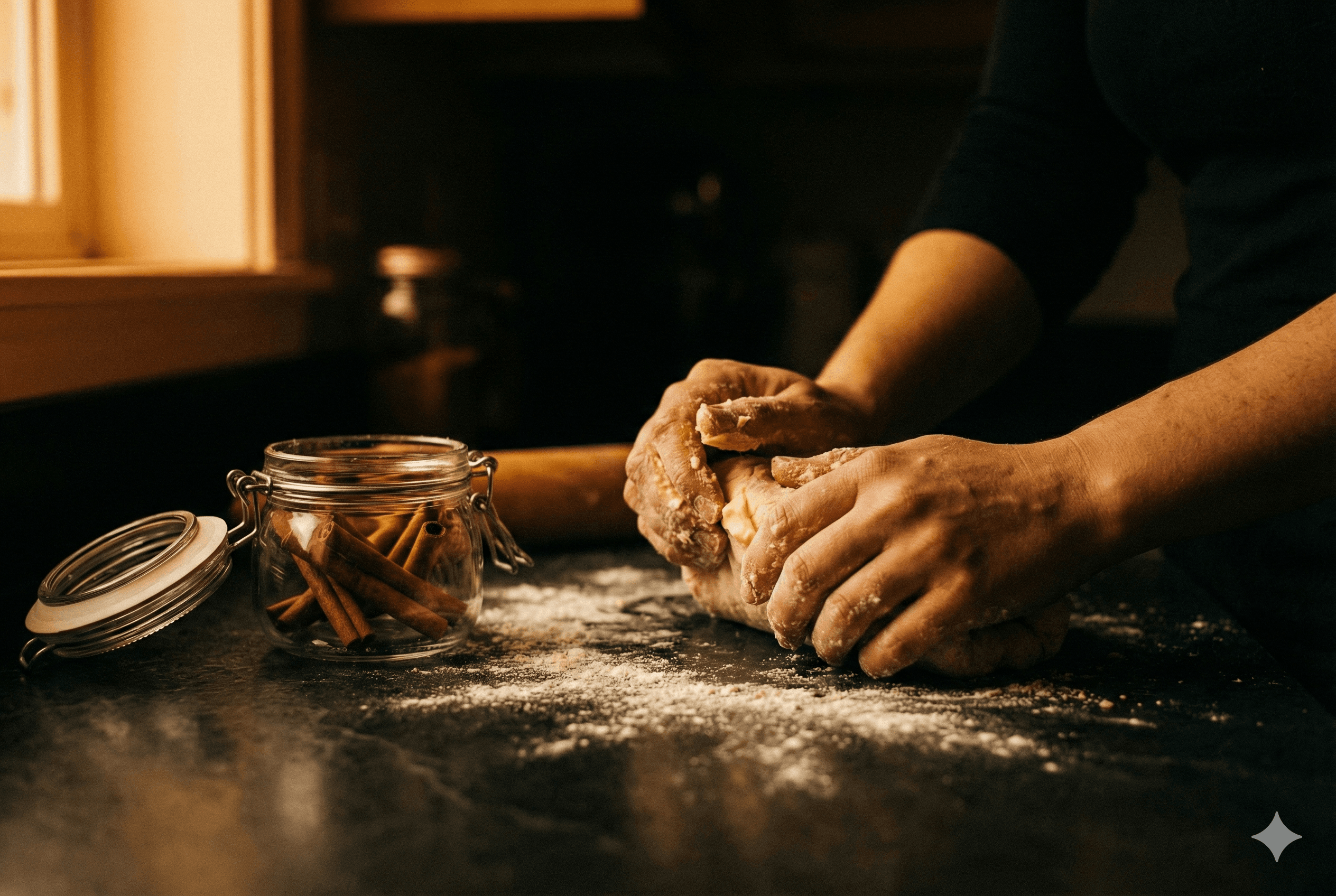 Cinnamon sticks beside fresh baking in a warm kitchen