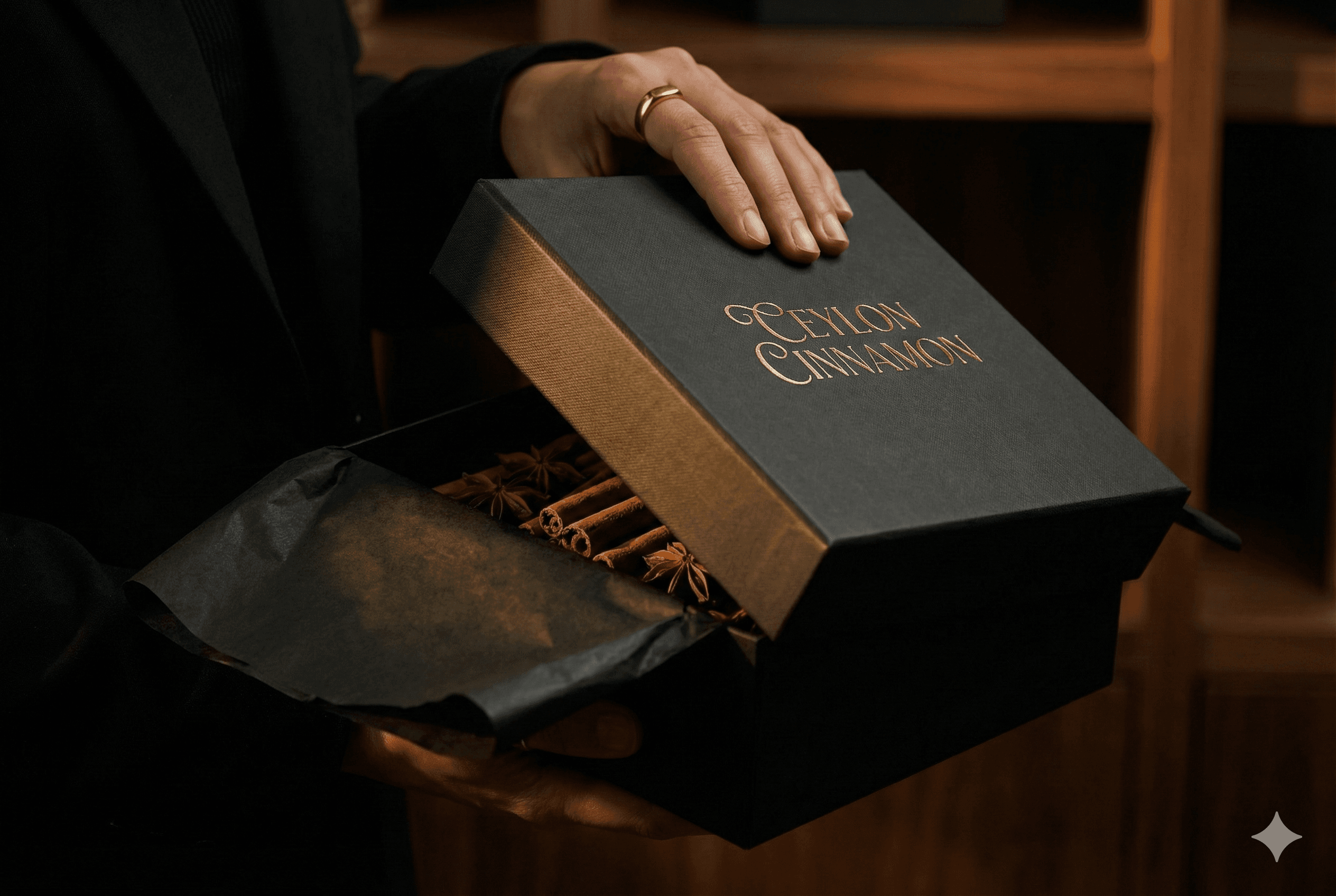 Elegant matte black gift box with Ceylon cinnamon inside